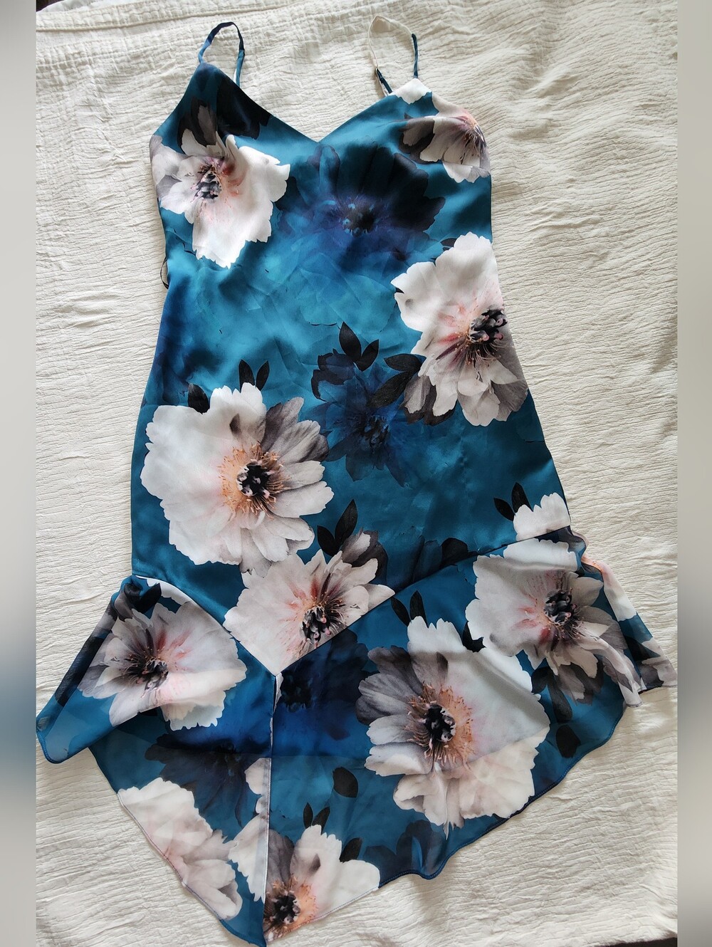 Marciano Falling Floral Satin Asymmetrical Ruffle Dress